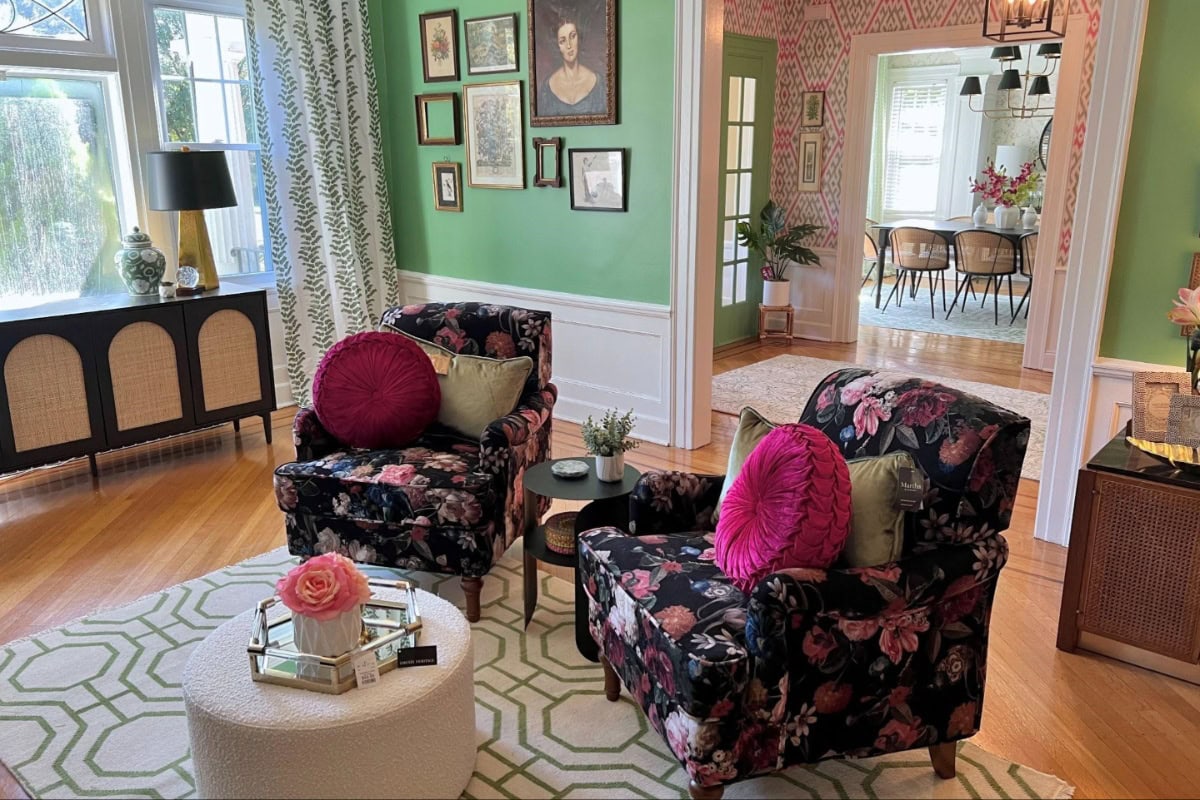 floral chairs and green living