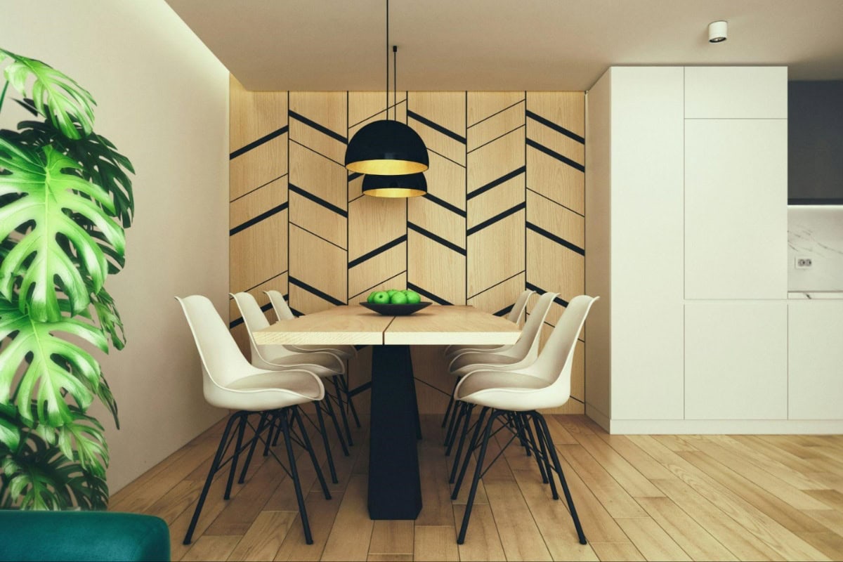 white, natural wood dining area with green plant